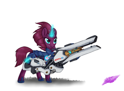 Size: 3000x2200 | Tagged: safe, artist:starlightglummer, tempest shadow, pony, unicorn, g4, my little pony: the movie, armor, broken horn, crossover, eye scar, female, glowing horn, gun, high res, horn, magic, overwatch, scar, simple background, solo, weapon, white background, zarya