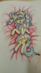 Size: 2121x3771 | Tagged: safe, artist:polakz, oc, oc only, oc:coconut daiquiri, pony, unicorn, bow, clothes, colored, dress, high res, signature, solo, traditional art