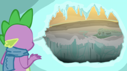 Size: 1024x576 | Tagged: safe, artist:alltheworldbronyf, spike, dragon, g4, cave, clothes, fire, light, male, shadow, snow, solo, winter