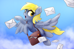 Size: 1200x800 | Tagged: safe, artist:klemm, derpy hooves, pegasus, pony, cloud, female, flying, letter, mail, mailbag, mailmare, mare, satchel, sky, solo, wings