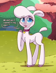 Size: 1536x2000 | Tagged: safe, artist:dsp2003, pom (tfh), lamb, sheep, them's fightin' herds, adorapom, blushing, choker, cloven hooves, collar, comic, community related, cute, dialogue, ear fluff, female, looking at you, loss (meme), open mouth, pomf, single panel, solo, until the choker breaks