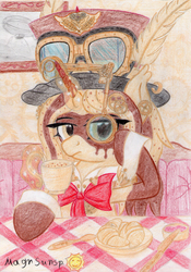 Size: 2323x3326 | Tagged: safe, artist:magnifsunspiration, oc, oc only, oc:piquanta coffeebreak, pony, unicorn, aviator goggles, coffee, female, goggles, hat, high res, magic, mare, solo, steampunk, top hat, traditional art