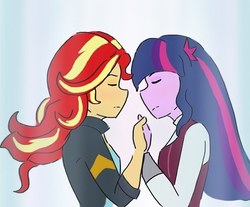 Size: 731x606 | Tagged: safe, artist:horsegirlpodcast, sci-twi, sunset shimmer, twilight sparkle, equestria girls, g4, my little pony equestria girls: friendship games, eyes closed, female, holding hands, lesbian, ship:sci-twishimmer, ship:sunsetsparkle, shipping