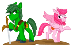 Size: 1113x700 | Tagged: safe, artist:dbkit, oc, oc only, oc:kyubi hart, oc:ryu sword, earth pony, pegasus, pony, belt, commission, duo, female, male, mare, simple background, stallion, sword, tongue out, transparent background, weapon