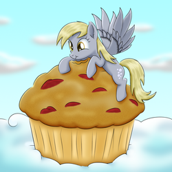 Size: 1391x1389 | Tagged: safe, artist:lifesharbinger, derpy hooves, pony, g4, cloud, female, food, giant muffin, happy, muffin, solo