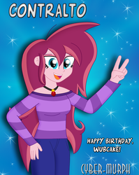 Size: 2249x2820 | Tagged: safe, artist:cyber-murph, oc, oc:contralto, equestria girls, g4, clothes, eyeshadow, hand on hip, high res, makeup, peace sign, signature