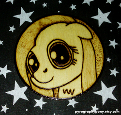 Size: 1717x1629 | Tagged: safe, artist:aracage, fluttershy, g4, bust, coaster, etsy, female, irl, photo, portrait, pyrography, solo, traditional art, woodwork