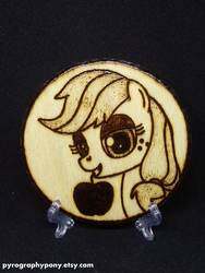 Size: 570x760 | Tagged: safe, artist:aracage, applejack, g4, apple, bust, etsy, female, food, mouth hold, portrait, pyrography, solo, traditional art, woodwork