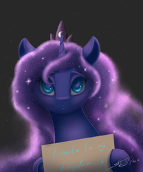 Size: 2500x3000 | Tagged: safe, artist:skitsroom, princess luna, alicorn, pony, g4, blushing, female, high res, holding sign, horn, jewelry, looking at you, mare, simple background, sky, solo, stars, tiara