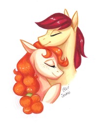 Size: 1965x2399 | Tagged: safe, artist:eeviart, bright mac, pear butter, earth pony, pony, g4, couple, eyes closed, female, freckles, male, mare, ship:brightbutter, shipping, simple background, stallion, straight, white background