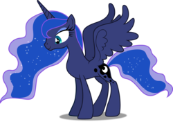 Size: 5000x3528 | Tagged: safe, artist:dashiesparkle edit, edit, editor:slayerbvc, vector edit, princess luna, alicorn, pony, g4, .svg available, accessory-less edit, bare hooves, female, looking down, mare, missing accessory, simple background, solo, spread wings, transparent background, vector, wings