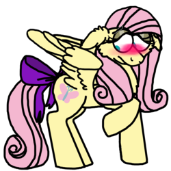 Size: 1800x1800 | Tagged: safe, artist:latiapainting, fluttershy, pegasus, pony, g4, blushing, bow, chest fluff, female, floppy ears, happy meal, im so sorry, mare, mcdonald's happy meal toys, no pupils, raised hoof, redraw, simple background, solo, tail bow, toy, transparent background