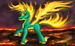 Size: 1920x1200 | Tagged: safe, artist:alevgor, tianhuo (tfh), longma, them's fightin' herds, community related, female, fire, looking at you, mane of fire, solo