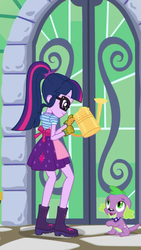 Size: 1242x2208 | Tagged: safe, screencap, sci-twi, spike, spike the regular dog, twilight sparkle, dog, equestria girls, equestria girls series, g4, my little shop of horrors, apron, boots, celestia's house, clothes, cute, glasses, gloves, looking at each other, ponytail, shoes, spikabetes, squatting, twiabetes, watering can