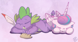 Size: 3650x2000 | Tagged: safe, artist:glitterstar2000, princess flurry heart, spike, alicorn, dragon, pony, g4, baby, baby pony, high res, horn, quill, scroll, sleeping, wings