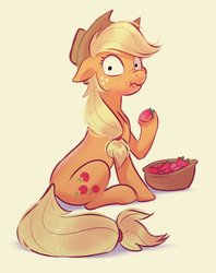 Size: 798x1007 | Tagged: safe, artist:imalou, applejack, earth pony, pony, g4, applejack's hat, basket, caught, cowboy hat, dishonorapple, drawthread, female, food, fruit heresy, hat, hoof hold, looking at you, looking over shoulder, mare, scrunchy face, simple background, sitting, solo, strawberry, surprised, yellow background