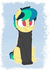 Size: 1347x1914 | Tagged: safe, artist:shinodage, oc, oc only, oc:apogee, pegasus, pony, abstract background, clothes, cute, diageetes, eye clipping through hair, female, filly, freckles, long sleeves, no pupils, ocbetes, shinodage is trying to murder us, sitting, smiling, solo, sweater, turtleneck