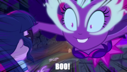 Size: 1280x720 | Tagged: safe, edit, edited screencap, screencap, sci-twi, twilight sparkle, equestria girls, g4, my little pony equestria girls: legend of everfree, boo, dialogue, faic, female, image macro, jumpscare, meme, midnight sparkle, nightmare