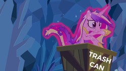 Size: 1280x720 | Tagged: safe, edit, edited screencap, screencap, princess cadance, alicorn, pony, a canterlot wedding, g4, abuse, background pony strikes again, caddybuse, cave, edgy, female, go to sleep sombra, implied twilight sparkle, into the trash it goes, magic, magic aura, messy mane, minecart, offscreen character, op is a duck, op is trying to start shit, solo, this day aria, trash can