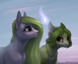 Size: 821x677 | Tagged: dead source, source needed, safe, artist:rrusha, oc, oc only, earth pony, pony, braid, braided ponytail, duo, duo female, female, floppy ears, long mane, looking at someone, looking at something, mare, sky, sunset, wisp