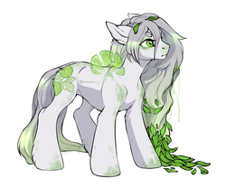 Size: 1071x891 | Tagged: dead source, source needed, safe, artist:rrusha, oc, oc only, pony, chest fluff, ear fluff, eyeshadow, female, floppy ears, leaves, long mane, looking offscreen, makeup, mare, messy mane, simple background, solo, unshorn fetlocks, white background