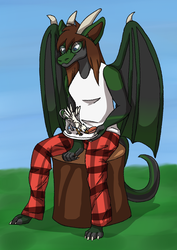 Size: 874x1234 | Tagged: safe, artist:ninaiso, oc, oc only, oc:der, dragon, griffon, salmon, anthro, carnivore, clothes, duo, eating, female, furry, griffons doing griffon things, male, micro, misleading thumbnail, plate, sitting