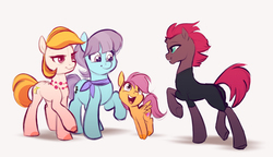 Size: 1796x1034 | Tagged: safe, artist:imalou, aunt holiday, auntie lofty, scootaloo, tempest shadow, earth pony, pegasus, pony, unicorn, g4, my little pony: the movie, :t, artist interpretation, broken horn, butt, clothes, couple, cute, cutealoo, drawthread, excited, eye contact, female, filly, grin, happy, horn, jewelry, lesbian, lgbt, lidded eyes, looking at each other, looking up, mare, neckerchief, necklace, no armor, plot, pronking, raised hoof, raised leg, scarf, ship:lofty day, shipping, simple background, smiling, underhoof, walking, white background