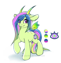Size: 1024x1049 | Tagged: safe, artist:rrusha, oc, oc only, ambiguous species, colored wings, cutie mark, eye clipping through hair, floating wings, floppy ears, horn, looking at you, multicolored hair, multicolored mane, multicolored tail, multicolored wings, multiple horns, raised hoof, simple background, smiling, solo, spread wings, tail, white background, wings