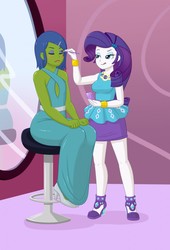 Size: 869x1280 | Tagged: safe, artist:rapps, rarity, oc, oc:rally flag, human, equestria girls, g4, blushing, clothes, commission, crossdressing, dress, femboy, feminization, high heels, makeup, male, mirror, rarity peplum dress, shoes, tongue out
