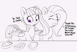 Size: 1280x867 | Tagged: safe, artist:pabbley, fluttershy, twilight sparkle, alicorn, pegasus, pony, g4, 30 minute art challenge, dialogue, drool, duo, female, food, implied equestria girls, mare, meat, omnivore twilight, partial color, ponies wanting to eat meat, twilight sparkle (alicorn)