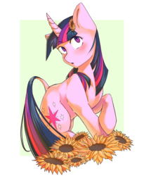 Size: 1800x2200 | Tagged: safe, artist:partycannoninc, twilight sparkle, pony, unicorn, g4, abstract background, cute, dock, female, flower, flower in hair, mare, solo, sunflower, twiabetes, unicorn twilight