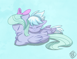 Size: 2600x2000 | Tagged: safe, artist:glitterstar2000, cloudchaser, flitter, pony, g4, behaving like a cat, chest fluff, cuddling, cute, female, high res, mare, ponyloaf, simple background, sisters, sleeping