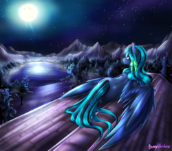 Size: 1563x1377 | Tagged: safe, artist:bunnywhiskerz, part of a set, oc, oc only, oc:midnight mist, pegasus, pony, barn, commission, female, full moon, lake, moon, night, roof, scenery, sky, solo, stars, tree