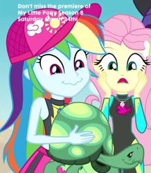 Size: 479x550 | Tagged: safe, screencap, fluttershy, rainbow dash, tank, tortoise, aww... baby turtles, equestria girls, g4, my little pony equestria girls: better together, cap, clothes, cropped, cute, dashabetes, faic, hat, smiling, swimsuit