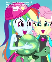 Size: 470x553 | Tagged: safe, screencap, fluttershy, rainbow dash, tank, tortoise, aww... baby turtles, equestria girls, g4, my little pony equestria girls: better together, cap, clothes, cropped, cute, dashabetes, hat, shyabetes, swimsuit