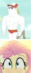 Size: 325x760 | Tagged: safe, bulk biceps, fluttershy, equestria girls, g4, my little pony equestria girls: better together, bad quality, beach, blushing, clothes, female, male, muscles, partial nudity, ship:flutterbulk, shipping, straight, swimsuit