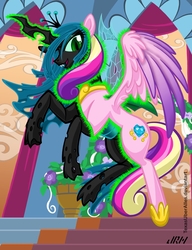 Size: 720x937 | Tagged: safe, artist:texasuberalles, queen chrysalis, alicorn, changeling, changeling queen, pony, g4, changeling magic, character to character, crown, digital art, disguise, disguised changeling, duality, fake cadance, fangs, female, flower, flying, hoof shoes, jewelry, looking at you, mare, open mouth, peytral, regalia, solo, transformation