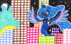 Size: 3277x2033 | Tagged: safe, artist:eternaljonathan, princess luna, dragon, original species, pony, g4, city, colored, crayon, giant pony, harpy pony, high res, macro, mega luna, species swap, traditional art