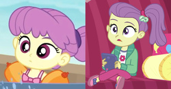 Size: 943x495 | Tagged: safe, edit, edited screencap, screencap, lily pad (g4), water lily (g4), equestria girls, g4, my little pony equestria girls: better together, pinkie sitting, x marks the spot, background human, child, comparison, female, toddler, water wings, young