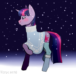 Size: 1024x1000 | Tagged: safe, artist:veracon, twilight sparkle, pony, unicorn, g4, clothes, cold, explicit source, female, night, poncho, snow, socks, solo