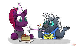 Size: 1500x900 | Tagged: safe, artist:pacificgreen, grubber, tempest shadow, hedgehog, pony, unicorn, g4, my little pony: the movie, cake, food, fork, hat, party hat, party horn, smiling