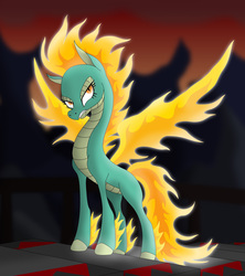 Size: 3304x3720 | Tagged: safe, artist:omnisimon11, tianhuo (tfh), longma, them's fightin' herds, community related, female, fiery wings, fire, full body, high res, mane of fire, solo, steps, tail, tail of fire, wings