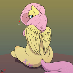 Size: 4000x4000 | Tagged: safe, artist:mr.smile, fluttershy, pegasus, pony, g4, blushing, butt, cute, daaaaaaaaaaaw, dock, female, flutterbutt, looking at you, looking back, looking back at you, mare, plot, rear view, shy, shyabetes, sitting, solo, wings