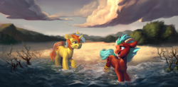 Size: 1207x595 | Tagged: safe, artist:locksto, oc, oc only, goat, pony, unicorn, beautiful, duo, goat oc, scenery, scenery porn