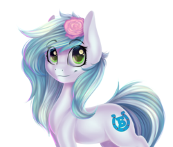 Size: 1023x866 | Tagged: dead source, safe, artist:freckleplant, oc, oc only, oc:ice cream (bronukon), earth pony, pony, blue mane, bronukon, cute, cutie mark, eye clipping through hair, female, flower, flower in hair, green eyes, looking at you, mare, mascot, ocbetes, simple background, smiling, solo, transparent background, ukraine