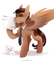 Size: 1077x1200 | Tagged: safe, artist:foxinshadow, oc, oc only, pegasus, pony, commission, looking at you, male, necktie, paper, simple background, smiling, solo, stallion, white background