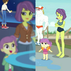 Size: 2048x2048 | Tagged: safe, edit, edited screencap, screencap, bulk biceps, lily pad (g4), victoria, water lily (g4), wiz kid, equestria girls, g4, my little pony equestria girls: better together, star crossed, x marks the spot, background human, clothes, comparison, female, high res, male, male nipples, mother and child, mother and daughter, nipples, nudity, one-piece swimsuit, swimsuit, water wings, young