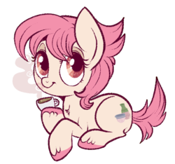 Size: 558x523 | Tagged: safe, artist:lulubell, raspberry vinaigrette, pony, g4, chibi, cup, food, simple background, solo, steam, tea, teacup, transparent background