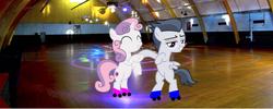 Size: 1738x693 | Tagged: safe, artist:jawsandgumballfan24, artist:sketchmcreations, artist:sollace, edit, rumble, sweetie belle, pegasus, pony, unicorn, g4, bipedal, colt, cute, duo, female, filly, irl, male, photo, ponies in real life, roller skates, ship:rumbelle, shipping, show accurate, skating rink, straight