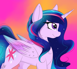 Size: 3800x3413 | Tagged: safe, artist:sugarwings-art, twilight sparkle, alicorn, pony, g4, colored wings, ethereal mane, female, gradient background, gradient wings, high res, mare, multicolored wings, smiling, solo, starry mane, twilight sparkle (alicorn)